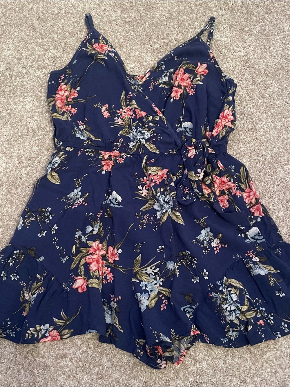 Xhilaration Navy Floral Wrap Romper with Tie Waist